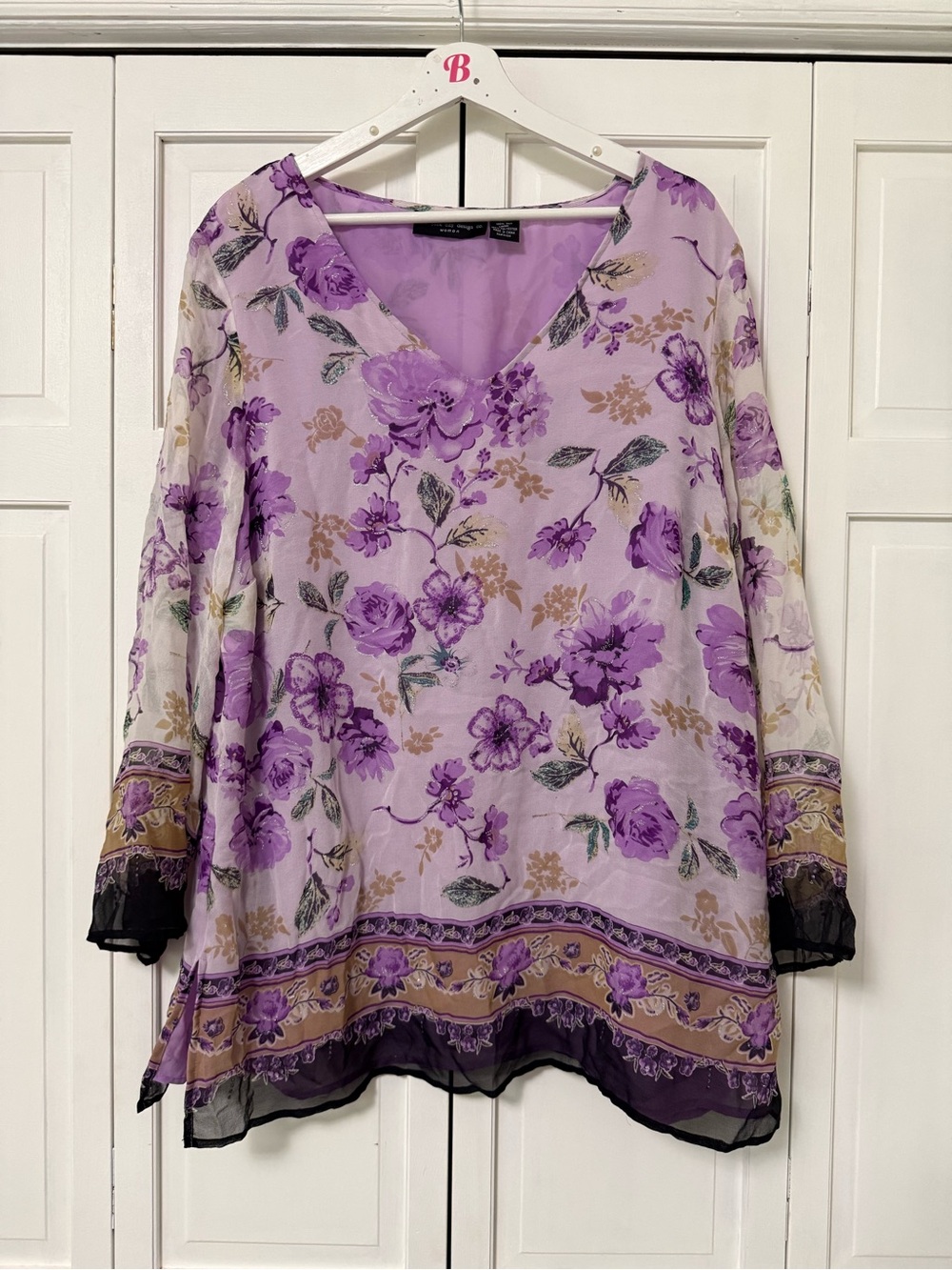 Women’s Lavender Purple Floral V-Neck Tunic Silk Boho Romantic Lagenlook 3X